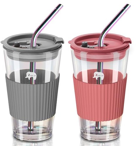 7CDXD 450ml Iced Coffee Cups Reusable 2 Pack Glass Travel Mug with Straws and Lids Leakproof Drinking Glasses for DIY Coffee Milk Beverages Tea and Wine