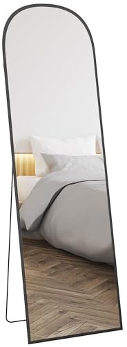 HOMCOM Miroir sur Pied, Miroir Mural rectangulaire, Arrondi, Cadre en Aluminium, Miroir de Sol avec Support pour entrée, Chambre, Dressing, 50 x 161,5 cm, Noir