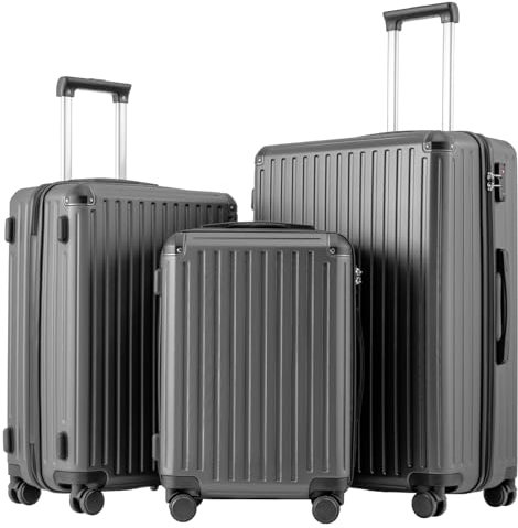 COOLIFE Suitcase Trolley Carry on Hand Cabin Luggage Hard Shell Suitcase Lightweight ABS Material with TSA Lock Telescopic Handle and 4 Dual Spinner Wheels (Grey, 3 Piece Set)