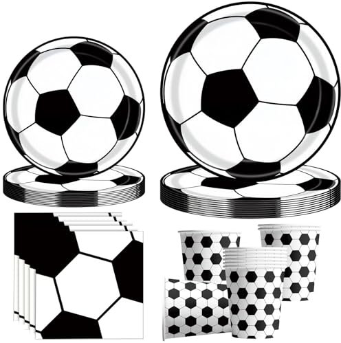 Koorium Lot de 50 pièces de vaisselle de fête de football, décoration d'anniversaire pour enfants, vaisselle en carton noir et blanc, assiettes en carton, gobelets, serviettes, idéal pour les