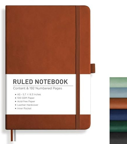 RETTACY Notizbuch Liniert A5, Journal Tagebuch mit 192 nummerierten Seiten,100gsm Notizbücher, Innentasche, Hardcover Buch für Büro Schule Arbeit Frauen Männer, 14.8 x 21cm - Braun