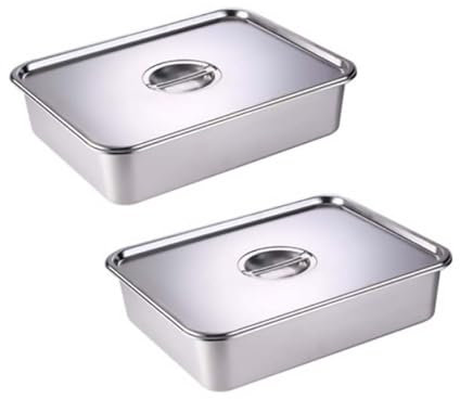 GRFELI Edelstahl-Behälter-Set, Edelstahlpfannen, Mit Deckeln,Für den Gefrierschrank Geeignet Backöfen, Herdplatten, Geschirrspülmaschinen (40 x 30 x 7 cm (Container-2 + Lid-2))
