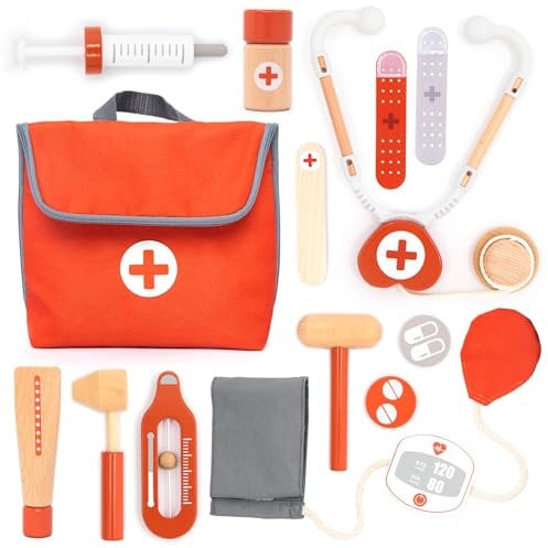 UMU® Mini Arztkoffer Kinder Spielset aus Holz - mit Stethoskop, Blutdruckmessgerät und mehr, Doktorkoffer Spielzeug zum Rollenspiel, 14-TLG. Medizinische Kit für Kinder ab 3, 4, 5 Jahre