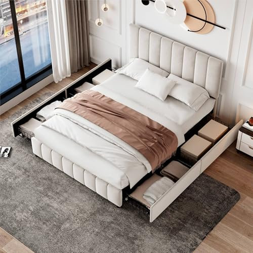Merax 4ft6 Double Bed with Storage, Upholstered Bed with 4 Drawers, Velvet Platform Bed Frame with Adjustable Channel Tufted Headboard, Beige/135x190cm (No Mattress)