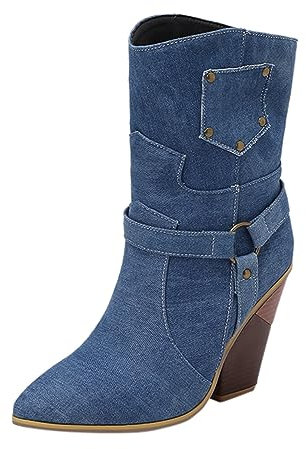 Stivali Donna Pelle Stivali Donna Alti Fino al Ginocchio di Jeans Stivaletto Donna Basso Stivali Texani Donna di Jeans Stivali Alti Donna Stivali Alti con Tacco Basso Stivali