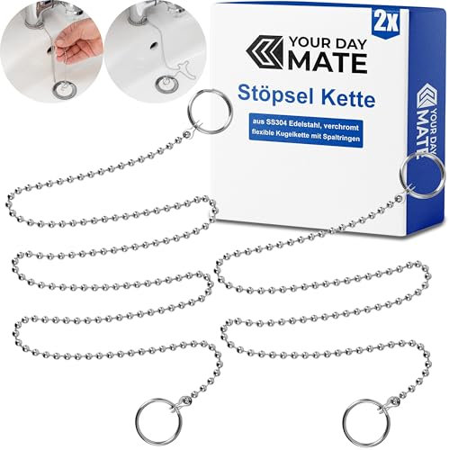 Stöpsel Kette, 2 Pack, 30 und 60 cm Kugelkette, mit 14 mm Spaltringen, SS304 Edelstahl, Rost-frei, Stopfen Kugel Kette, Spülbecken Stöpsel Ersatz Kettchen mit Ring, für Spüle, Badewanne, Waschtisch