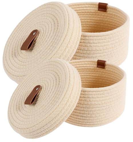 Lot de 2 paniers de rangement tressés en corde de coton tressé avec couvercle empilables - Accessoires de salle de bain pour table à langer - Pour chambre d'enfant, salon - Beige - S + L
