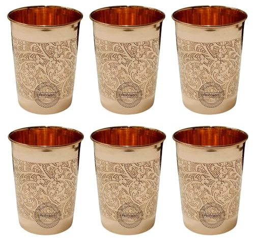 Fashnkart Bicchieri in rame puro Acqua potabile Salute ayurvedica Bicchieri in rame puro Tazze da 10,14 once 300 ml (Embose) Set da 6