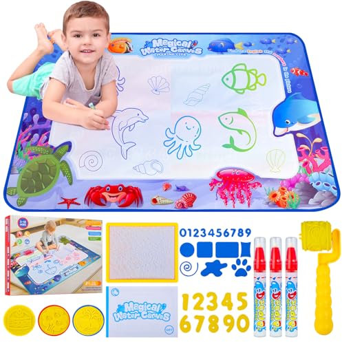 Tapis Dessin Eau - Tapis d'Eau Bébé, Jouet Bébé 1 2 Ans, Jouet Enfant 1 2 3 Ans, Tapis Jeu Enfant avec Stylo à Eau pour Dessin Créatif et Amusement Sans Taches
