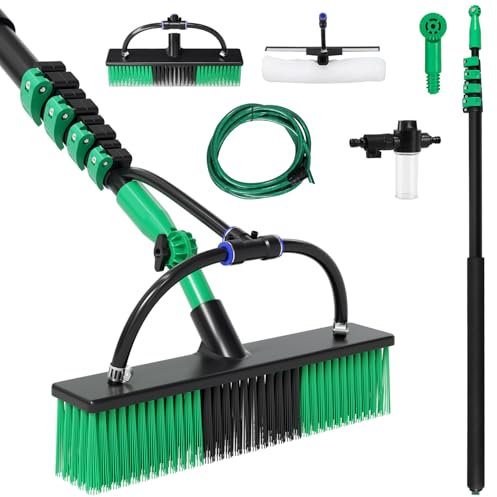 Hebitod Teleskopbürste mit Wasseranschluss 3,6m, Teleskop Waschbürste, 2-in-1 Waschbürste mit Teleskopstiel aus Aluminium, Terrassendach Reiniger, Teleskopstange Fensterreinigung