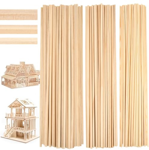 BATINO 180Pcs Listones de Madera, Palos Cuadrados Madera 2,3,4 mm Palitos de Mader, 30cm de Longitud, Varillas Mader de Balsa para Manualidades Bricolaje Modelismo Decorar