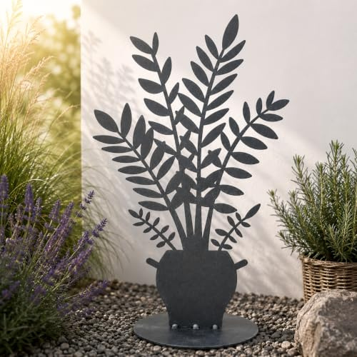 Terma Stahldesign Glückfeder Metall Deko Pflanze 50 cm, Moderne Metallfigur grau, pulverbeschichtet, wetterfest, Gartenfigur mit Bodenplatte, Deko für Garten, Terrasse, Balkon & Wohnbereich