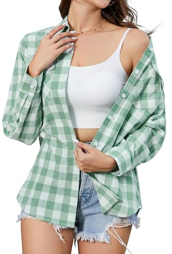 Stamain Women's Green Checked Shirt Long Sleeve Casual Ladies Plaid Shirts Button Down Fitted Check Shirt for Women UK Stretch Blouse Top Roll Up with Pockets L