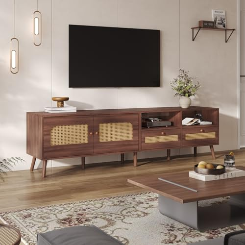 200 cm TV-Schrank, Fernsehschrank mit Rattantüren und Schubladen, Lowboard für 80-Zoll-Fernseher, TV Board mit 8 Holzfüßen, Fernsehschrank für Wohnzimmer, Schlafzimmer, 200x37x49.5cm, Holzfarbe