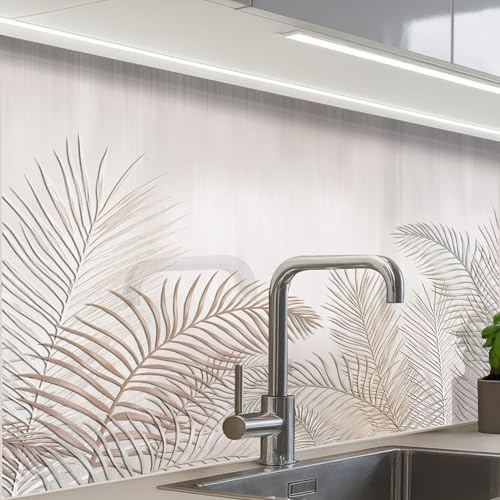 KitchenYeah© Rückwand Küche Rückwandschutz Selbstklebend Spritzschutz | 60x80 cm - Küchenrückwand Küchenfront Küchen Selbstklebende Küchenrückwände Blätter - Beige - Botanisch - Vintage