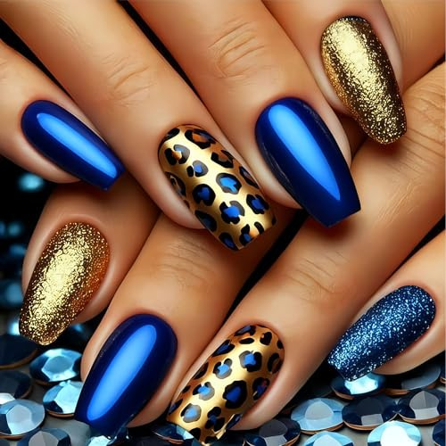 Zosutetoxo 24stück Gold Blaue Leoparden Nägel Mittlere Quadratische Press On Nails mit Glitzer Design, Blaue Leoparden Print Kunstnägel für Frauen Maniküre