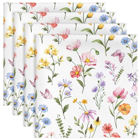 Arquiel Frühling Blumen Stoffservietten 100% Baumwolle 4er-Set 45 x 45 cm | Waschbare Stoffservietten aus 100% Baumwolle mit dekorativem Muster-Motiv, wiederverwendbar für Esstisch, Familienessen