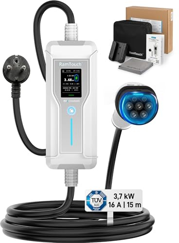 RamTouch Portable EV Charger (3 kW, 13 A, 15 m, UK 3-Pin Plug to Type 2) | 1-Phase | 6 A – 13 A | IP67 | Timer & Delay Start | 2.4 LCD | AC/DC RCD | Mode 2 Granny Charging Cable | For EVs & PHEVs