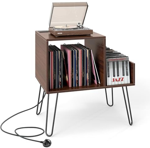 COSTWAY Record Player Stand with Charging Station, Turntable Stand End Side Table with Dividers and Shelf for 145 Albums, Metal Legs Vinyl Record Storage Cabinet Holder for Living Room (Walnut)