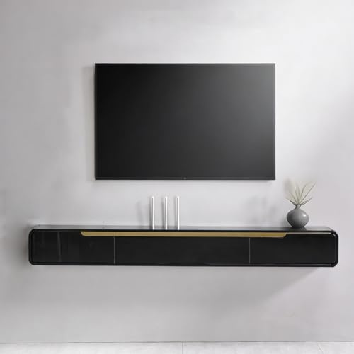 Mobile porta TV a parete in legno massello, mobile TV moderno a parete con 2 cassetti, fori passacavi, angoli arrotondati, soggiorno, camera da letto, design sospeso salvaspazio (A Nero, 120CM)