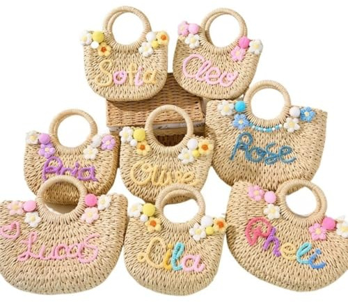Bolso de playa de paja personalizado bordado para niñas, bolsa de mano personalizada, cesta de flor para boda, viaje, regalos de cumpleaños (mediano)