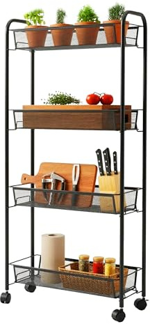 Relaxdays Rollwagen, 4 Ebenen, Metall, HxBxT: 97,5 x 44 x 17 cm, 4 Rollen, Küche, Bad, Nischen Beistellwagen, schwarz