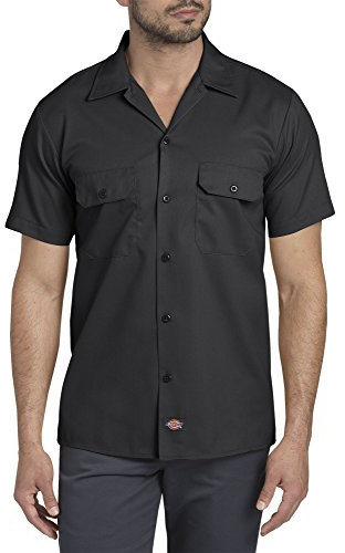Dickies Men's Short-Sleeve Flex Work Shirt Slim Fit Button, Black V1, XL