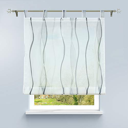 HongYa Raffrollo mit Wellen Druck Transparenter Voile Raffgardine Vorhang mit Schlaufen H/B 140/100 cm Weiß Silber