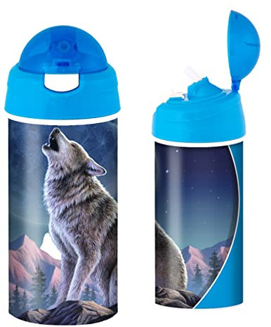 3D LiveLife Trinkflasche - Mondscheinsonate von Deluxebase. 3D Linsenförmige Wolf Wasserflasche mit Stroh. 600 ml kinder Trinkflasche mit original kunstwerk von bekannt Künstler, Jerry LoFaro