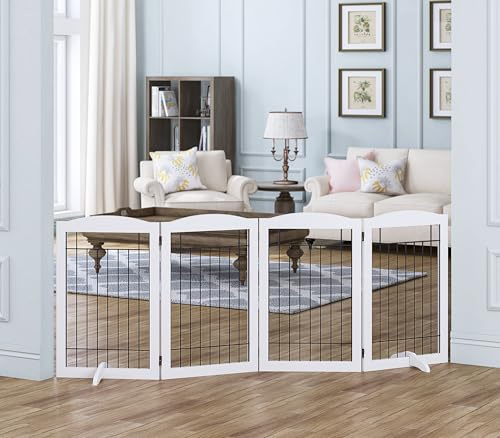 Spirich Free Standing Foldable Wire Pet Gate for Dogs, 80 inches Extra Wide, 30 inches Tall 4 Panels Dog Gate for the House, Doorway, Stairs, Pet Puppy Safety Fence,Set of Support Feet Included, White