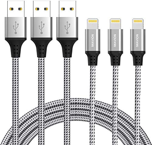 IWAVION iPhone Charger, 3pack 3ft/1m Lightning Cable, Nylon Braided MFi Certified USB Sync Cord for Fast Charging, Compatible With iPhone XS Max X XR 8 7 6s 6 Plus, iPad Mini - Silver/B