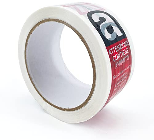 IMBALLAGGI 2000 - Nastro Adesivo Pacchi Bianco + Scritta Pericolo Amianto in Polipropilene 72Pz 5cm x 66mt x 76 mm, Nastro Imballaggio per Spedizioni e Smaltimento Forte Durevole a Strappo Silenzioso