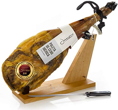 Pata Negra Schinken - Spanischer Iberico Schinken (Vorderschinken) 4-4.5 Kg + Schinkenhalter + Messer - Jamon Iberico (Paleta Iberica de Cebo)