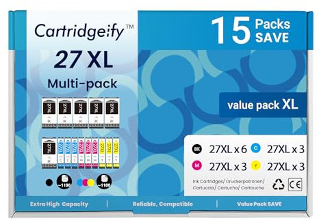 Cartridgeify 27XL Druckerpatronen Kompatibel mit Epson 27 27 XL Patronen Multipack (15er-Pack), für Workforce WF-3620 WF-3640 WF-7110 WF-7210 WF-7610 WF-7620 WF-7710 WF-7715 WF-7720