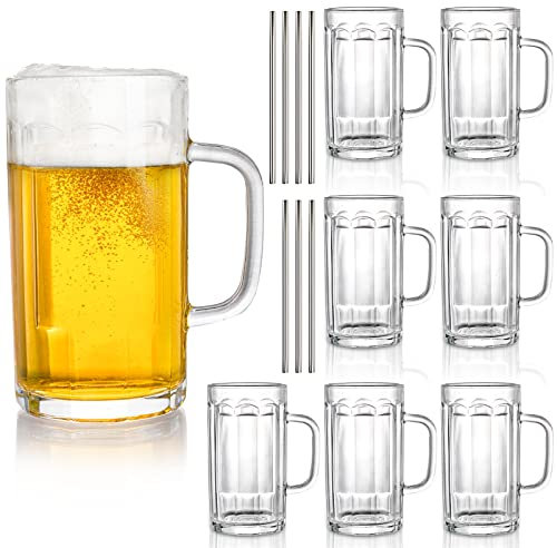 ZENFUN Bierkrug aus Glas mit Griff & Edelstahl-Trinkhalmen, 400 ml, klarer Stein, Wasserbecher, schwerer Boden, Pub, Trinkbecher für Wein, Saft, Eistee
