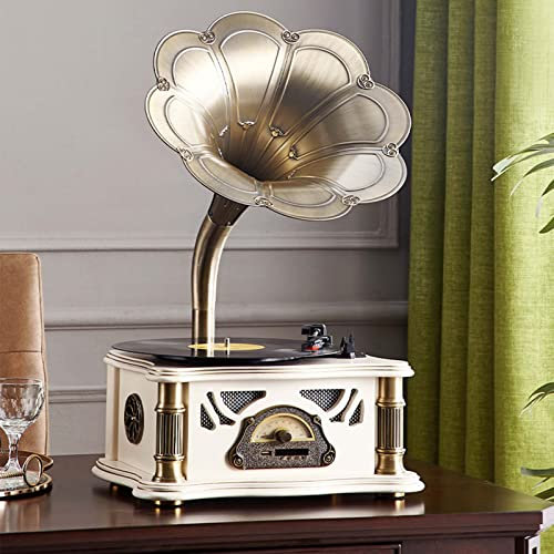 Record Player Retro Turntable,Vintage Gramophone Bluetooth Speaker,Classic Aluminum Phonograph,Vinyl Record Player 33/45/78RPM,Support 7/10/12 Vinyl,Copper Horn,Remote Control, Aux-in/USB/(Color:D)