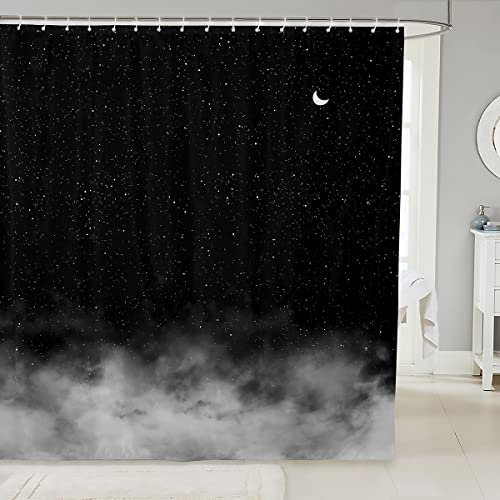 Loussiesd Glänzender Stern Druck Duschvorhang Textil Mond Sterne Himmel Duschvorhang 180x210cm Farbverlauf Schwarz Grau Badezimmer Stoff Boxen Badewannen Deko Romantischer Stil wasserdichte Vorhänge