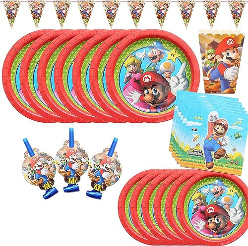 Super Brothers Party Tableware Set Include Banner, Plate, Napkins, Blow Dragon and Popcorn Box For Boys Birthday
