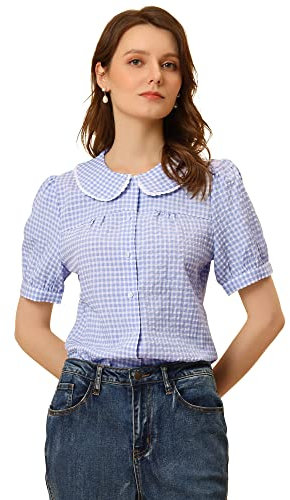 Allegra K Chemisier à Carreaux pour Femmes Contraste à Manches Courtes Bouffantes Haut Chemise à col Claudine Bleu S