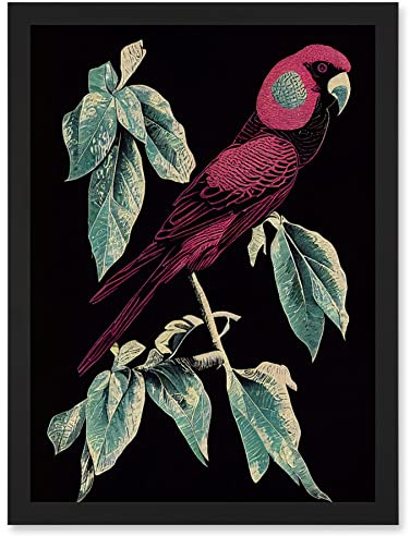 Wee Blue Coo Burgundy Parakeet Retro Modern Vintage Tropical Jungle Artwork Framed Wall Art Print A4