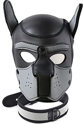 YiQin RWSX Hundemaske mit Kragen, Weiche Latex Petplay Hundemaske mit Ohren Welpenmaske Hunde Masken, Abnehmbarer Mund, Geeignet für Halloween, Urlaubsparty (XL, Grau)