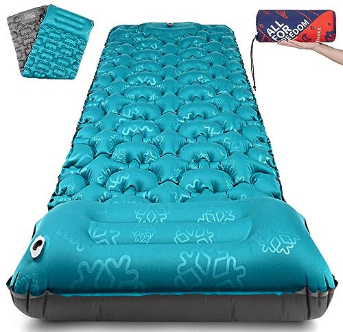 AKSOUL Camping Self-inflating Sleeping Mat: Ultralight & Compact Inflatable Thick Camp Sleep Air Mattress, Lightweight Single Bed Pad for Hiking, Backpacking, Tent (10CM, with Pillow), Peacock Blue