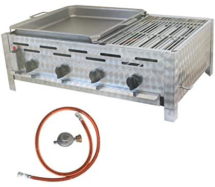 BSR-Grillen 4-flammiger Profi Gasgrill aus Edelstahl, stufenlos regelbar, Gasbräter, Gastrogrill, Gastrobräter mit Gasschlauch und Druckminderer (14,4 kW | Kombigrill 1/3 Grillrost 2/3 Pfanne)