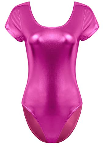 iEFiEL Damen Metallic Body Lackleder Bodysuit Catsuit Wetlook Jumpsuit Langarm/Kurzarm Turnanzug Ballettbody Trikotanzug Tanzkostüm V Rose 3XL