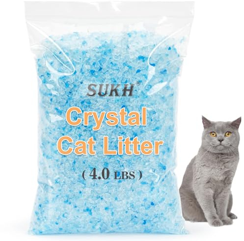 Sukh Arena de cristal para gatos de 4 libras – Cristales de arena para gatos, azul y blanco, transparente, sin polvo, bajo rastreo, control de olores, cristales de gel de sílice, partículas de color