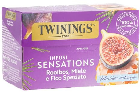 Twinings, Infuso Aromatizzato Sensations Roiboos, Miele e Fico Speziato, Gusto Morbido e Dolce, Senza Caffeina, Infusi e Tisane, 1 Confezione da 20 filtri