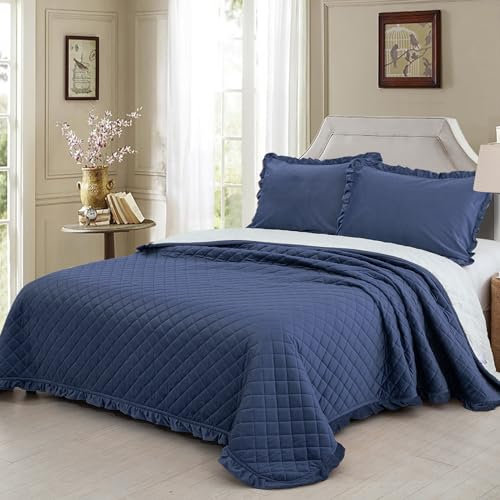 WONGS BEDDING Tagesdecke 220x240 Blau Bettüberwurf 3 Teilig Kristallsamt Steppdecke Wendedesign Bettdecke Stepp Decke Weich & Komfort Sofaüberwurf für Bett mit 2 Kissenbezug 80x80cm