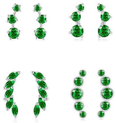 Sterling Silver Stud Earrings for Women, 4 Pairs Hypoallergenic Green Cubic Zirconia Flower Ear Climber Stud Cartilage Silver Earrings Set Multiple Piercings, Birthday Wedding Christmas Gifts