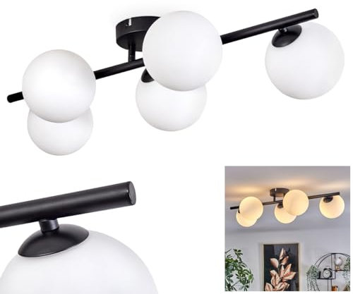 HOFSTEIN Deckenleuchte Chehalis, Deckenlampe aus Metall/Glas in Schwarz/Weiß, Leuchte im modernen Retro/Vintage-Design mit Schirmen aus Glas (Ø 12 cm), 5 x G9