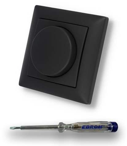 EBROM LED Dimmer 1003 Universal ECO - Universal Drehdimmer - LED 3-100 Watt, dimmbare Halogen 10-220 W/VA in BBblack + Rahmen Schwarz MATT + EBROM Phasenprüfer zur Montage des Dimmers